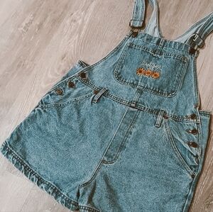 Vintage Country Sunflower Embroidered Cotton Denim Blue Jean Shorts Bib Overalls
